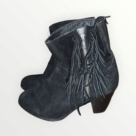 Sugar Boots Womens 7 M Tuko Fringe Heels Ankle Booties 397501 black suede - Picture 1 of 16